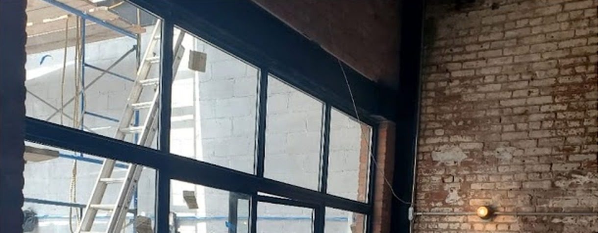 Interior view of a steel window grid with insulated glass at 266 Bond Street, Brooklyn