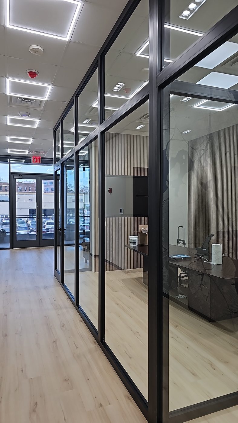 Run of glass office partitions and doors leading to the suite entrance at 3121 Ocean Avenue, Sheepshead Bay