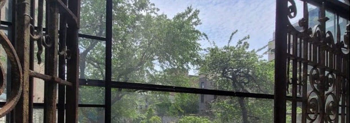 View to the trees through the slim-framed glass wall of the sunroom at 60 Herbert Avenue, Closter, NJ