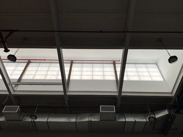 Diffused daylight through Kalwall translucent panels above the open floor at 96 Ingraham Street, Brooklyn