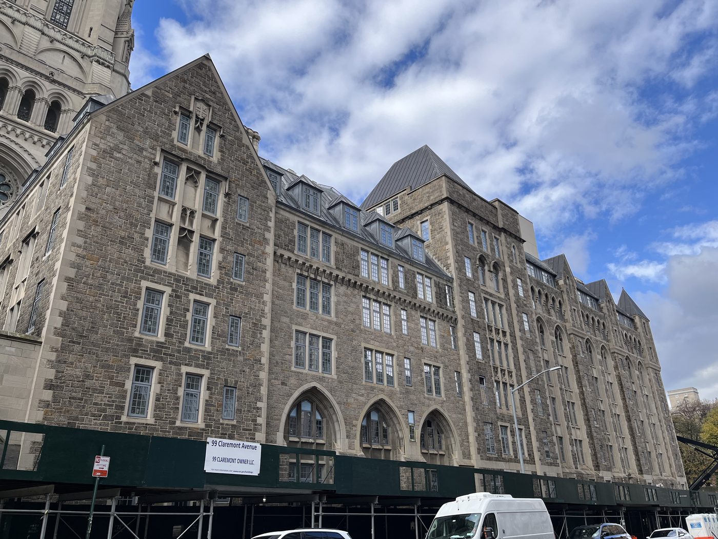 Front facade of 99 Claremont Avenue, Manhattan, with new Everest aluminum divided-lite windows in the Collegiate Gothic stone elevation