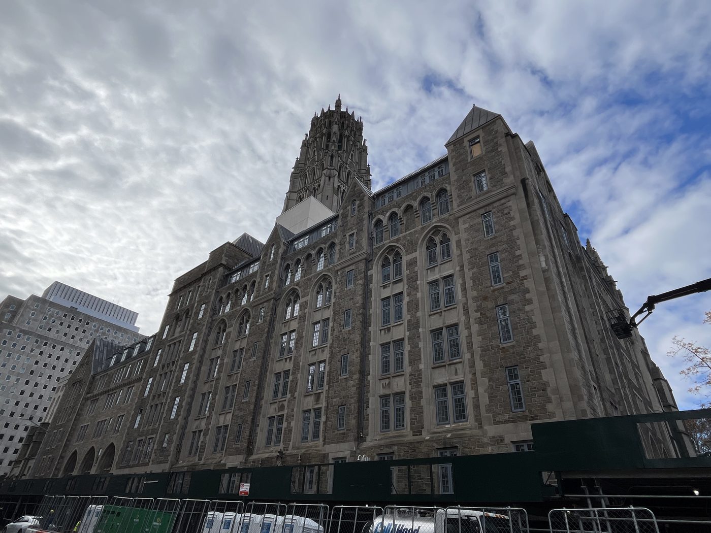 Full Claremont Avenue elevation of 99 Claremont Avenue, Manhattan, with new windows and Riverside Church tower
