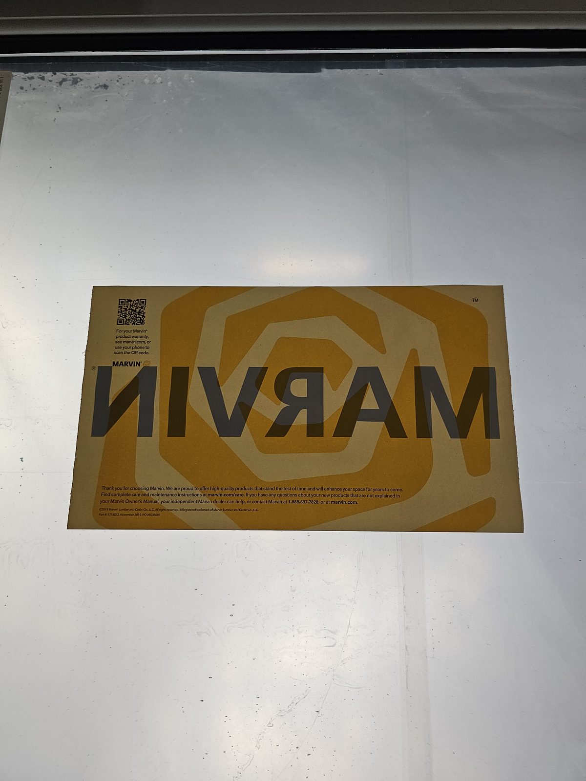 Marvin label on the glass of a newly installed window
