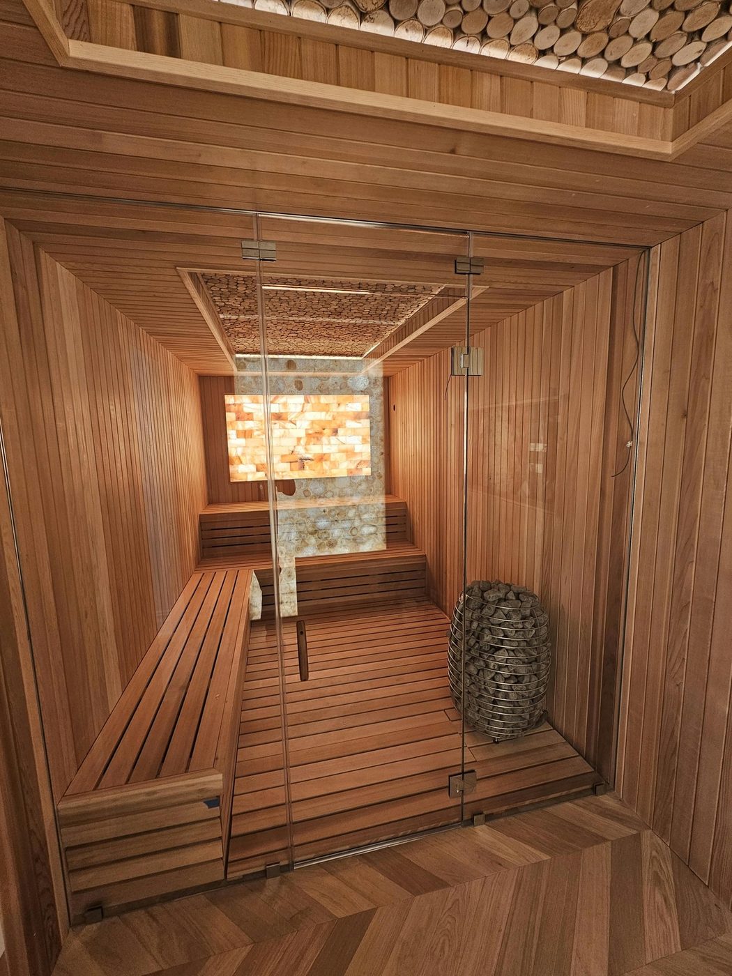 Steam room with frameless glass door and cedar interior, Ocean Avenue, Brooklyn